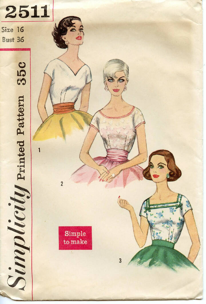 Simplicity 2511 Blouse Vintage Pattern Size 16 Bust 36 1950s Fifities
