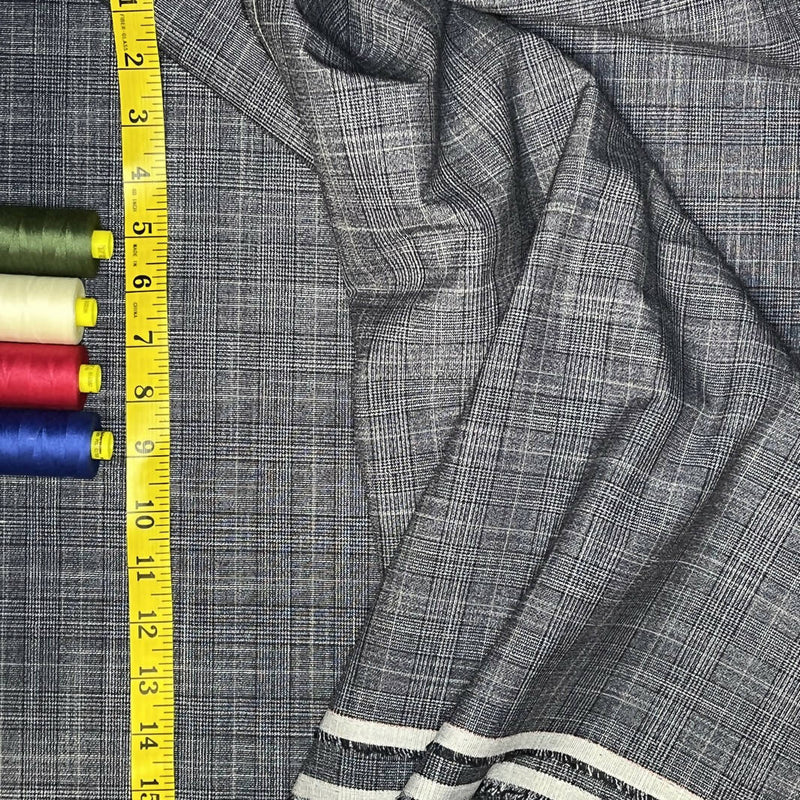 Blue Gray Polyester Rayon Lycra Glen Plaid Suiting - 3 Yds