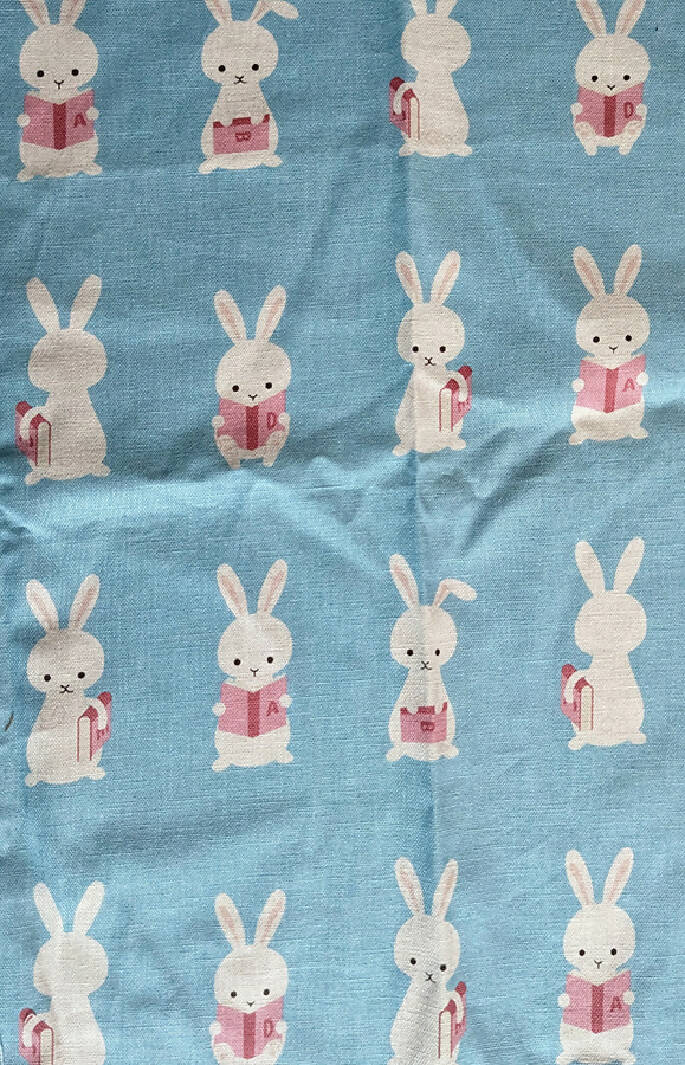 Rabbits Reading Books Soft Canvas Fabric in Light Blue (21.5X15 in * 2 pieces available)