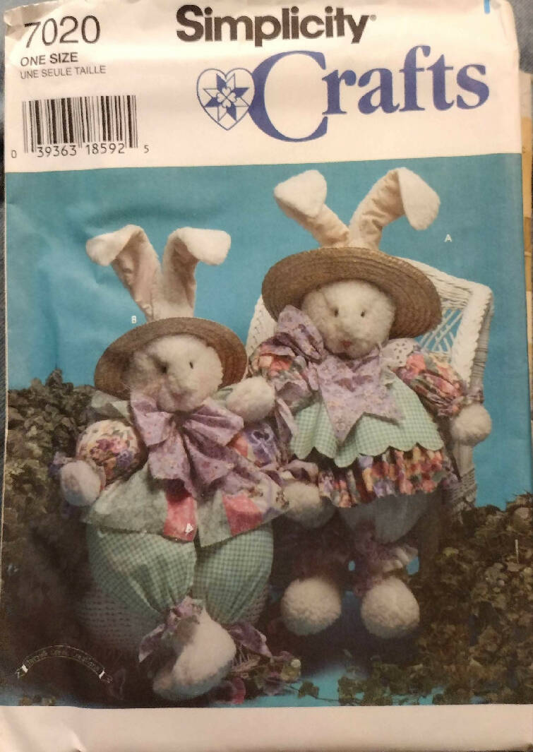 Vintage 1996 Simplicity Crafts Pattern 7020 One Size Uncut Bunny and Clothes Dress, Apron, Pants, Ties