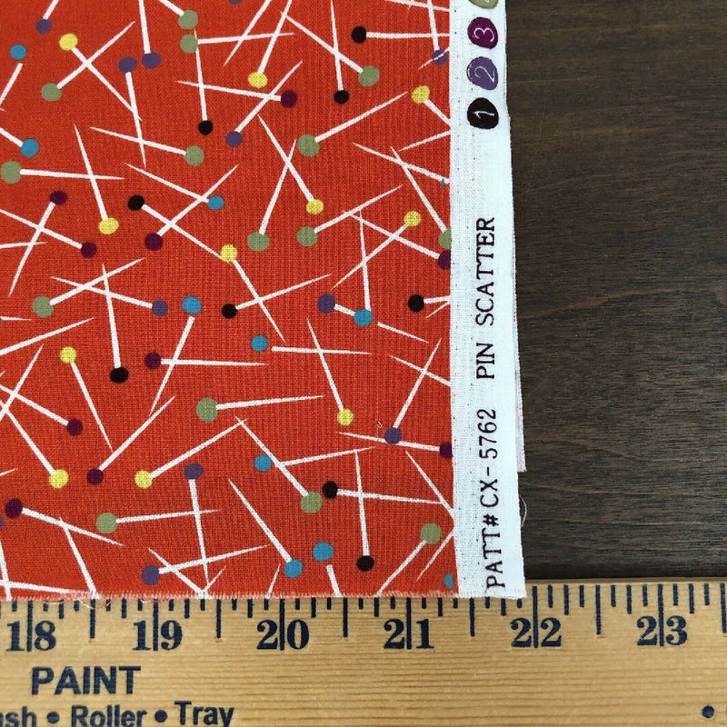 MICHAEL MILLER Fabric Pin Scatter Vintage Sewing Notions Print Red 1 Yard 32”
