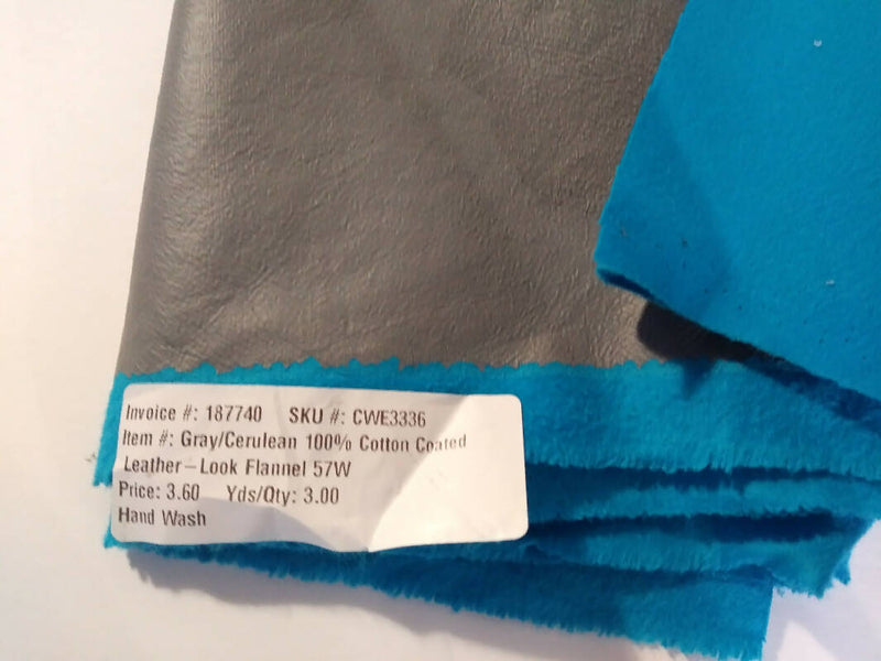 100% Cotton Coated Gray/Cerulean Leather Look Flannel - 3 yds, 57" wide