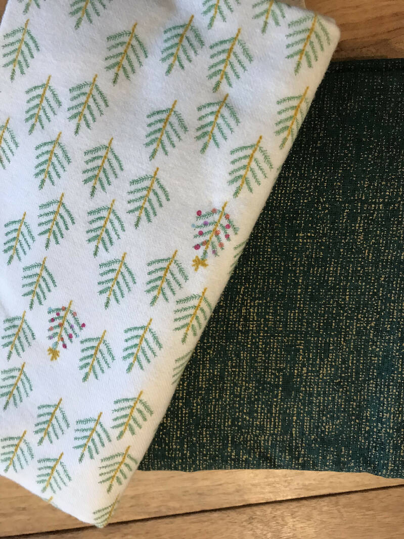 Holiday Coziness: Christmas Trees on White Brushed Twill and Green with Gold crosshatch