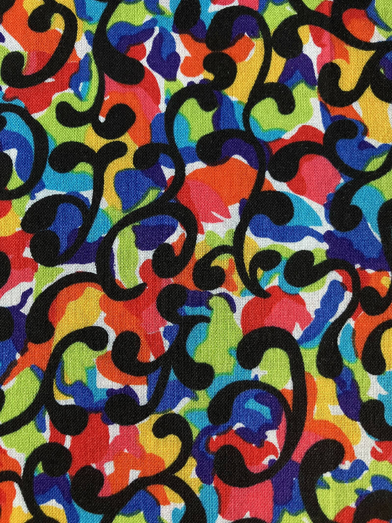 FABRIC Primary Bright Colors with Black Swirls 1 7/8 yards Plus Remnants 64a