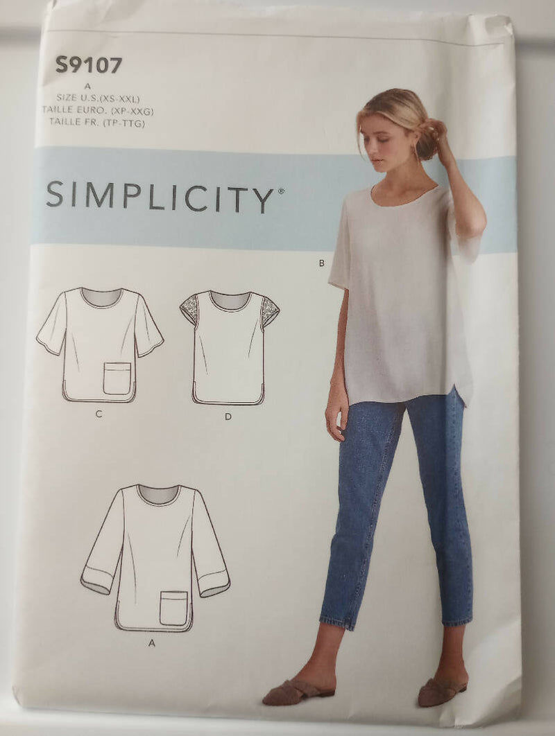 Simplicity 9107 XS - XXL Top with Back Yoke with Pleated Back and Sleeve and Length Variations