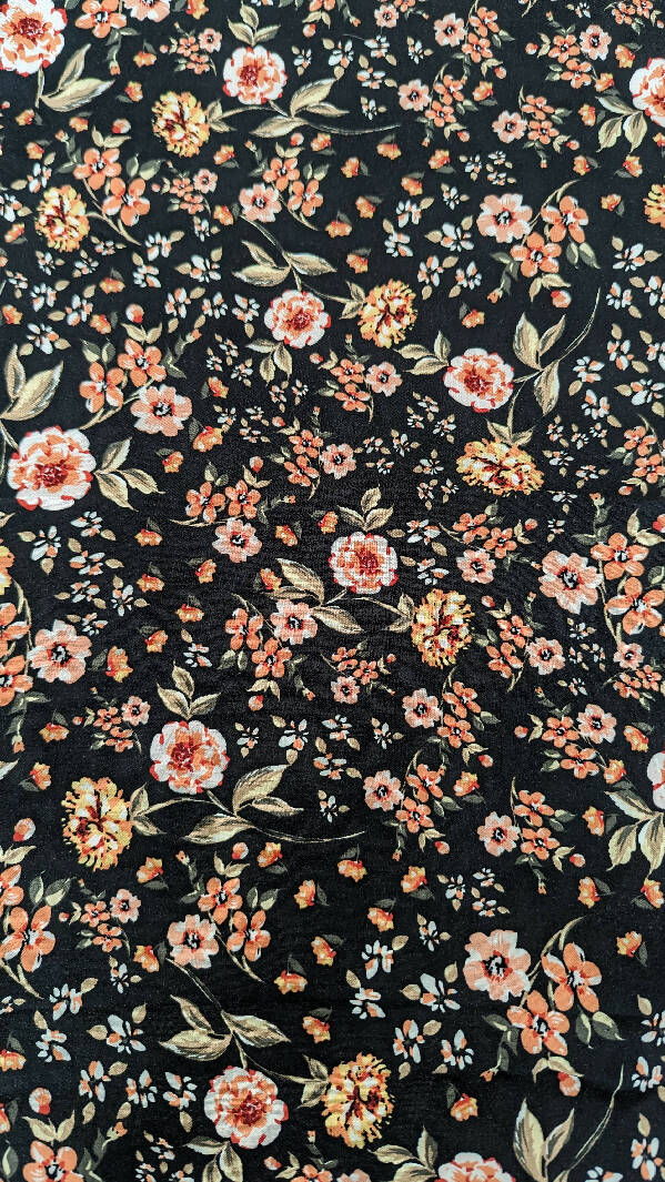 Black/Coral Floral Print Rayon Challis Woven Fabric 54"W - 4 yds+