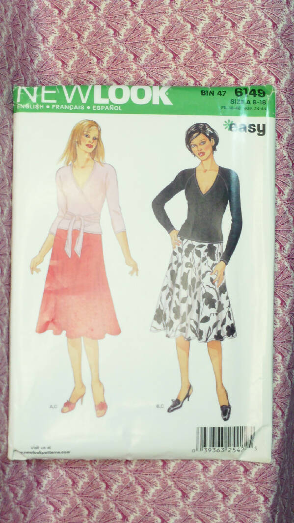 New Look 6149, sizes 8-18, 2 views knit tops and 1 view skirt