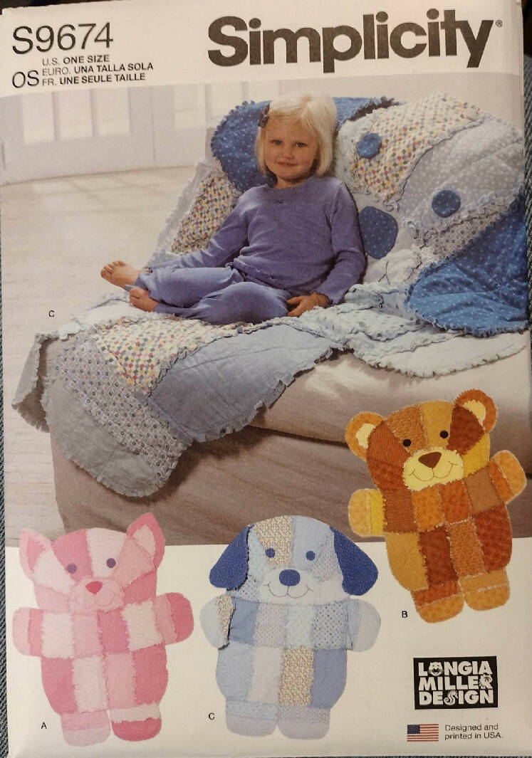 Simplicity Sewing Pattern S9674 by Longia Miller Design for Rag Quilt Wall Hangings or Throws Cat Bear Dog NIP Uncut
