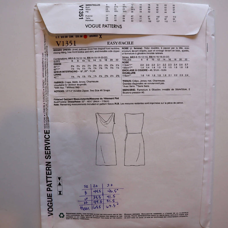 Vogue V1351 DKNY Donna Karan New York Dress Size 14-22 UNCUT AND FACTORY FOLDED