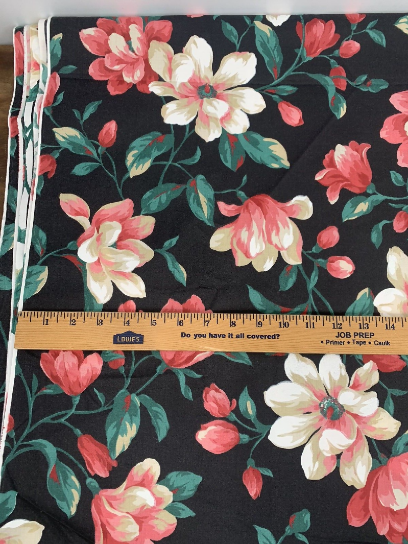 Vintage Concord Fabrics Black Floral Polished Cotton Fabric Chintz 5 YRDS +15”