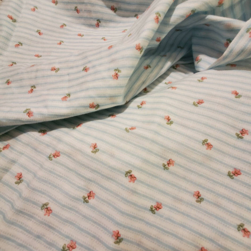 Vintage Lt Blue with rose buds Stripe cotton fabric 22 w x 1 yd L