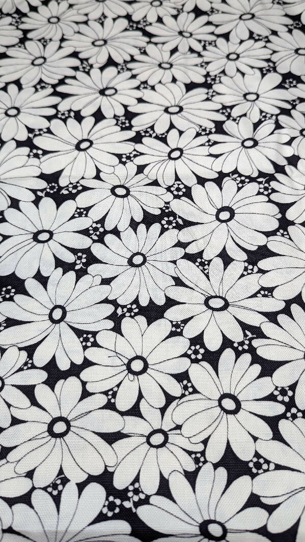 Vintage Black/White Mod Daisy Print Cotton Canvas Fabric 37"W - 1 3/4 yd