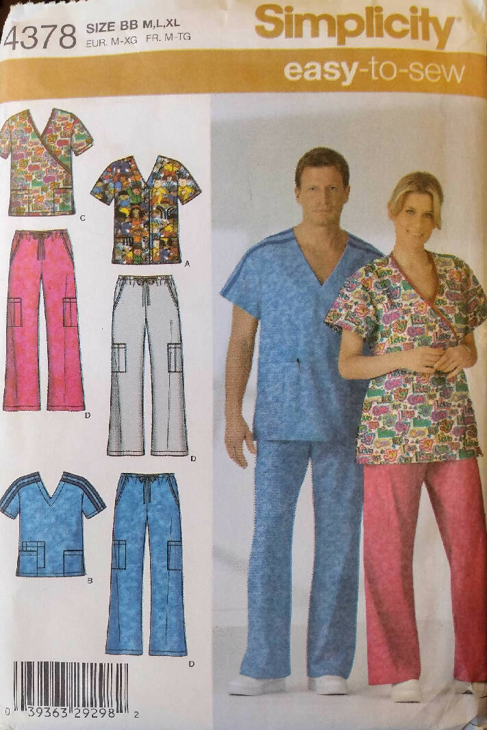 Simplicity Easy-to-Sew Sewing Pattern 4378 Size BB M-XL for Scrubs Misses Men&