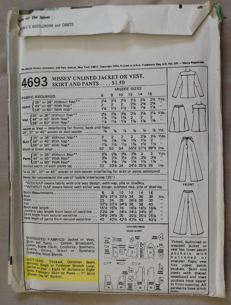 Vintage McCalls 4693 UNCUT Sewing Pattern - Sizes 16 Bust 38 - Misses Unlined Jacket, Vest, Skirt, Pants - Carefree Patterns