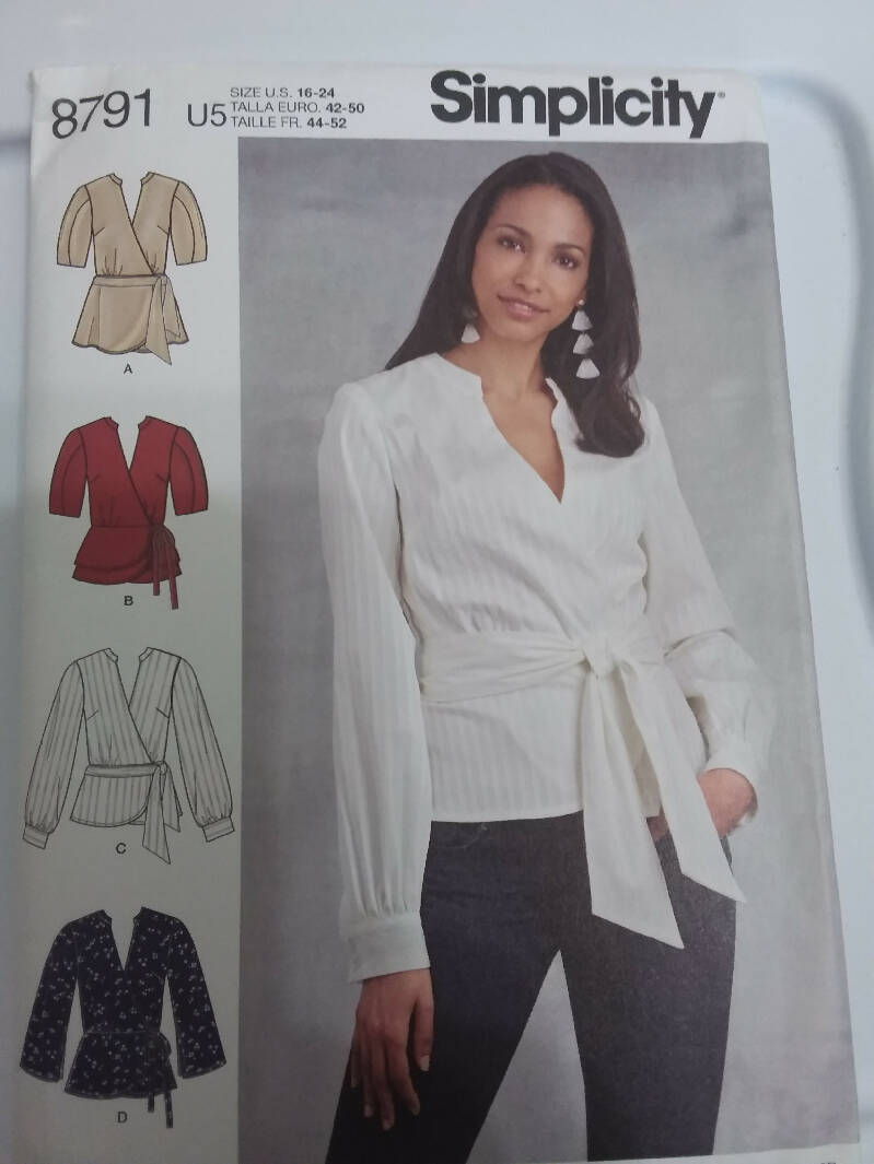 Simplicity 8791 Misses Wrapped Top with Sleeve Variations Size 16 - 24 Uncut