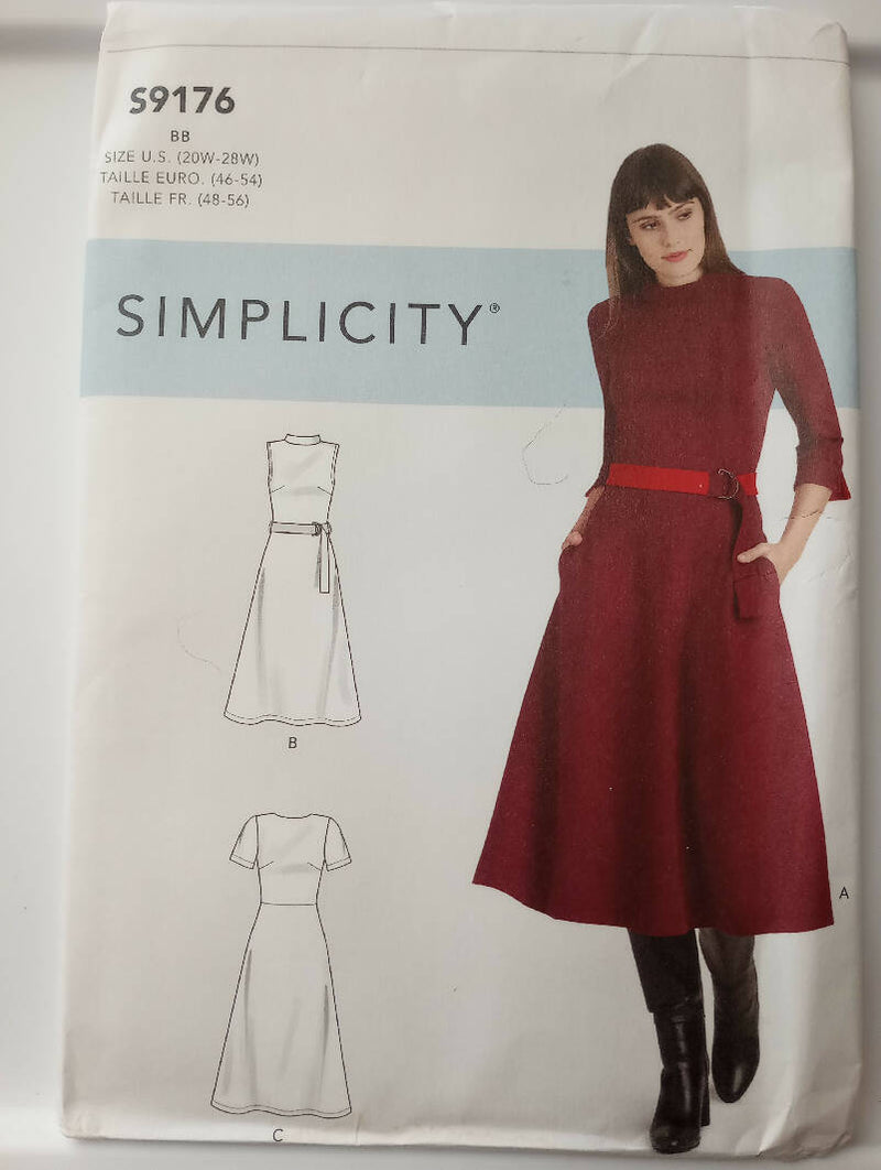 Simplicity 9176 20W - 28W. fit and Flare Dresses with Sleeve and Neckline Variations and Reversible Belt