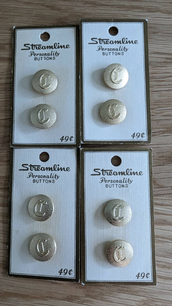 Vintage Streamline Personality Buttons Gold Toned Metal Letter Shank Buttons - Lot of 8