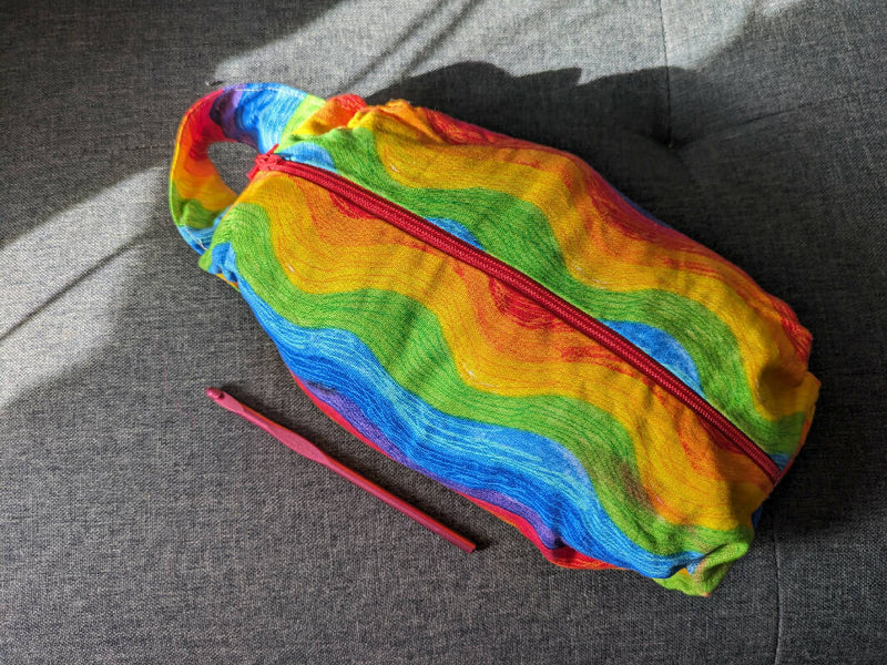 Hand made project bag in reverisible cotton, red and rainbow