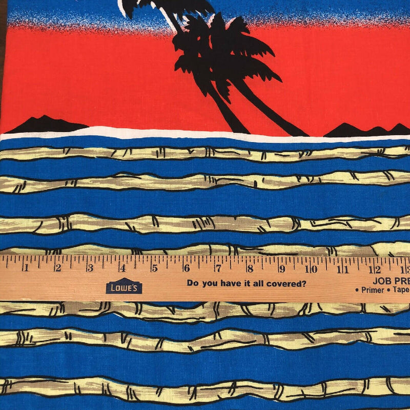 Vintage 80s Palm Tree Bamboo Sunset Border VLV Print Fabric 2 yards +10" x 56"