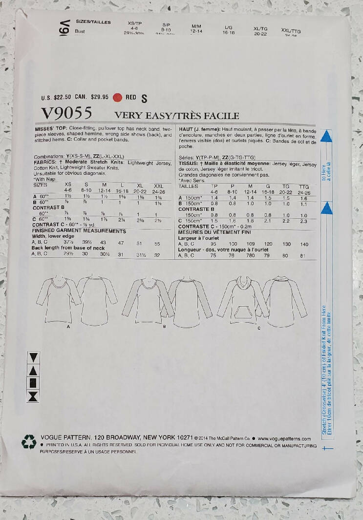 Vogue 9055 Knit Top pattern Sizes Lrg-Xlg-XXL Uncut/FF Year 2014