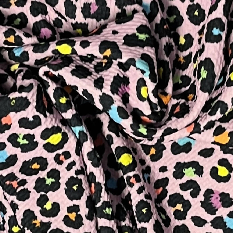 Pink With Black and Neon Colored Leopard Spotted Textured Poly Knit - 1 Yard +