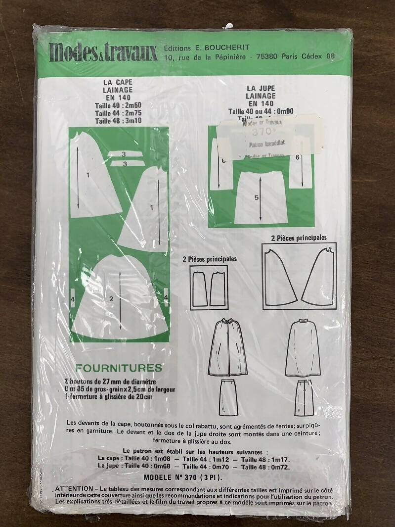 Vintage Patron Immediat French Sewing Pattern 80s Cape & Skirt Factory Folded Sz 48