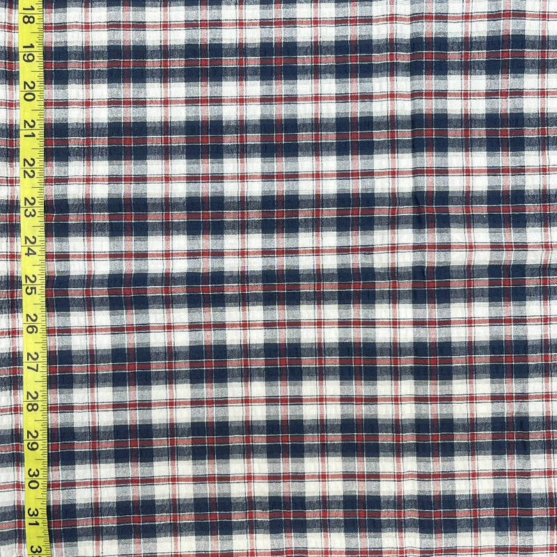 Red, White, and Navy Blue Plaid Yarn Dyed Textured Cotton Woven - 2 Yds