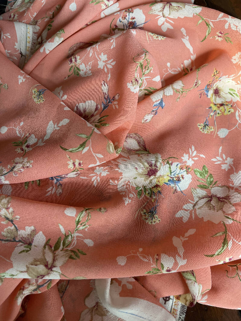 Peach Floral Mid-weight poly chiffon 4.5yds