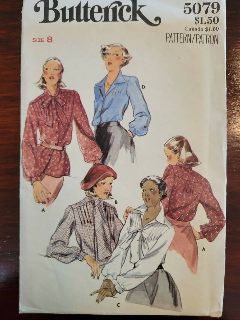 Butterick 5079 Misses size 8 Long-sleeve Blouse with 4 necklines, UC/FF