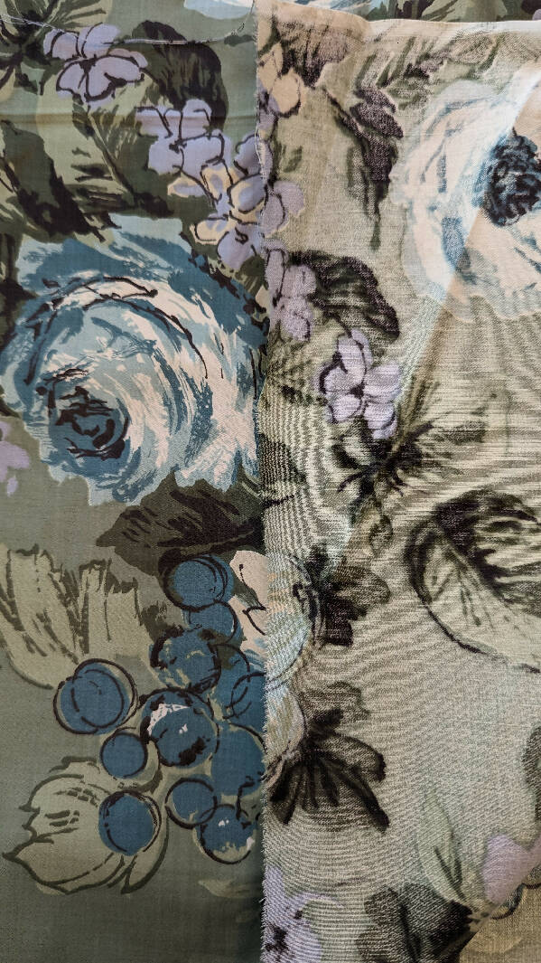 Vintage Sage Green Floral Chintz Cotton Woven Fabric 48"W