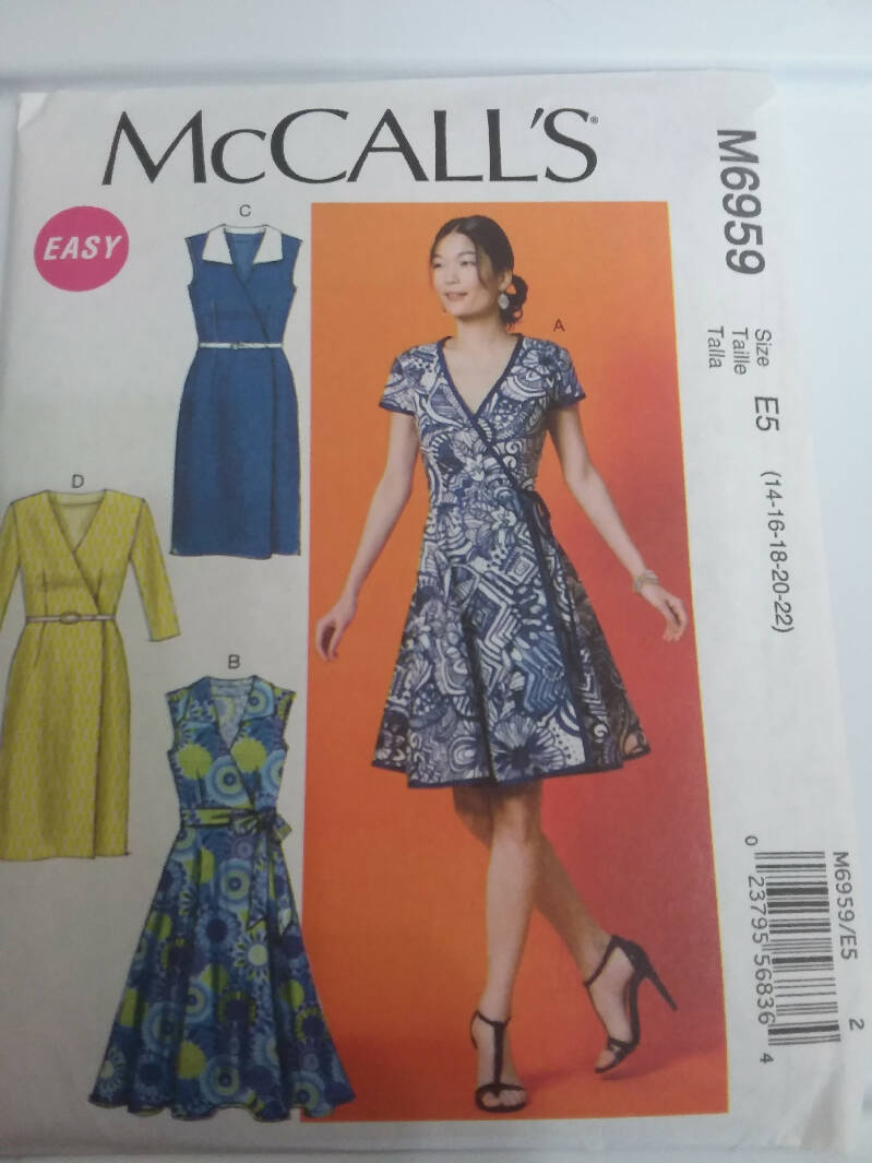 Mccalls 6959 wrap dress with twomskirt variations size 14 - 22 uncut