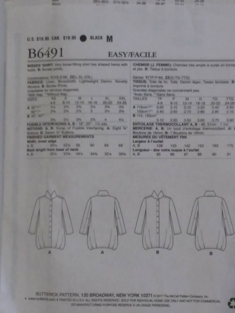Butterick 6491 Loose-fitting Shirt