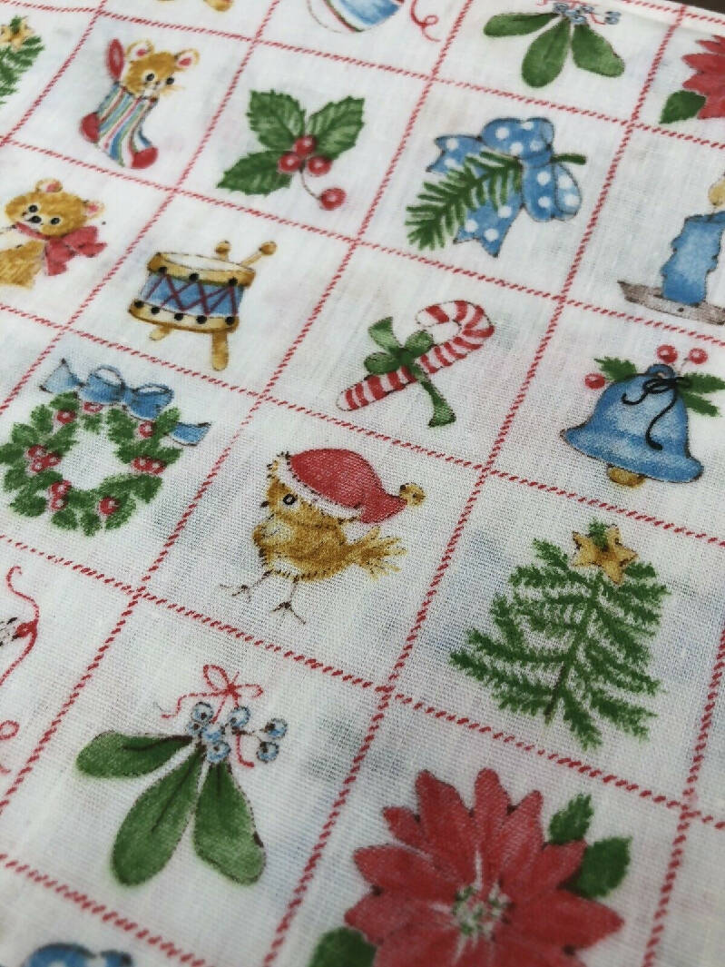 Vintage Retro Christmas Animals Trees Decor Check Grid Fabric By Spring Mills