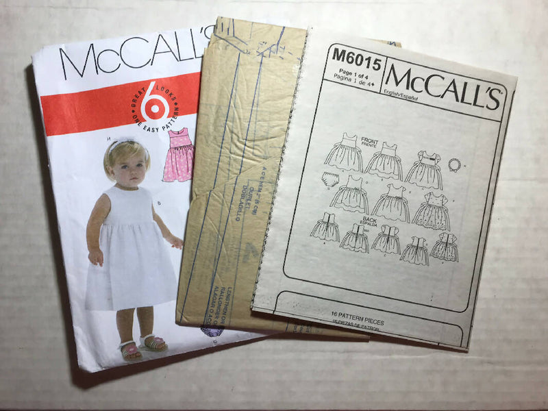 McCalls 6015 Sewing Pattern - UNCUT - All Sizes - Infant Lined Dresses, Panties, and Headband