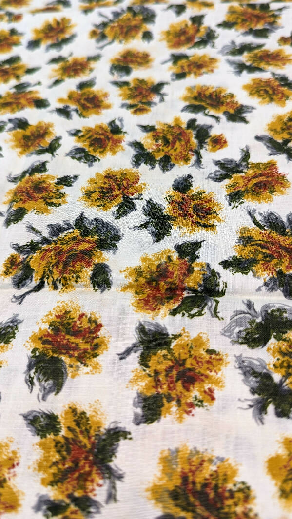 Vintage Painterly Yellow Roses Cotton Woven Fabric 35"W - 1 yd