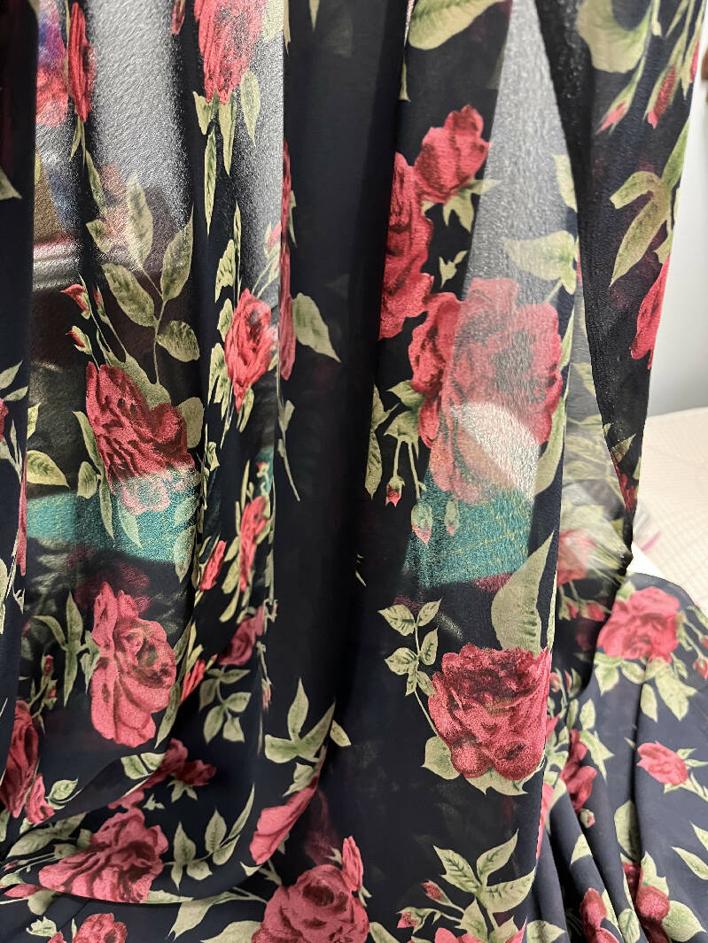 Polyester Chiffon Navy with burgundy roses 44” wide