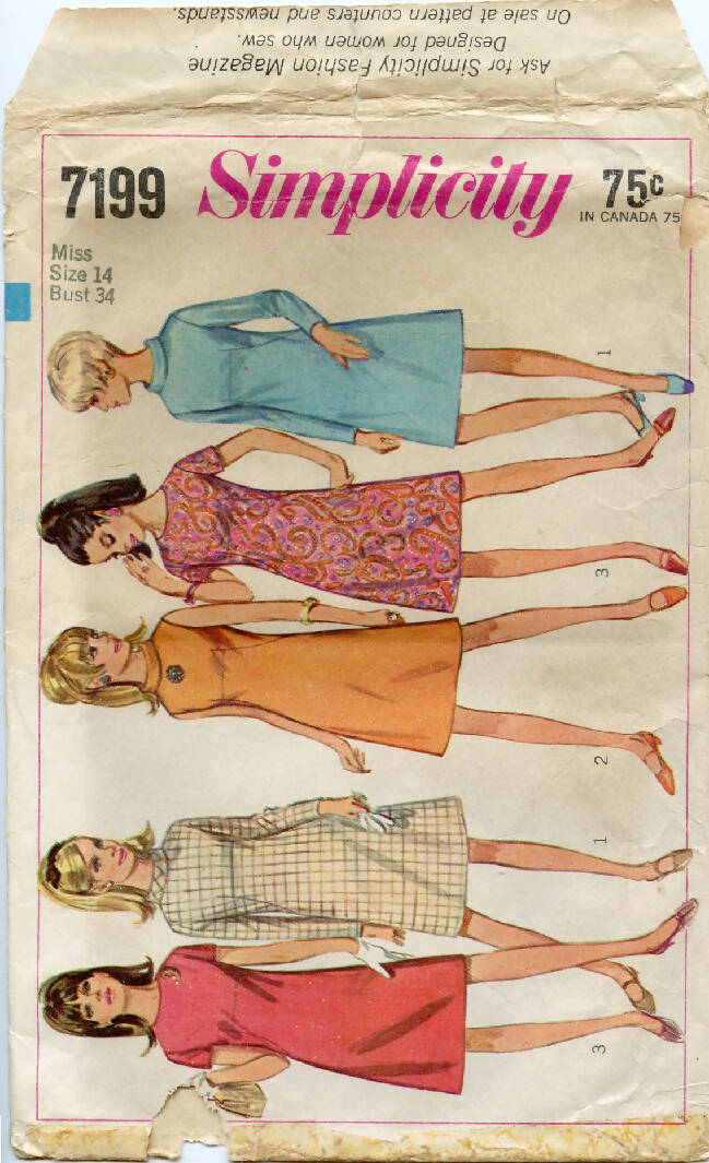 Simplicity 7199 Dress Pattern Size 14 Bust 34 Mod Sixties 60s Vintage