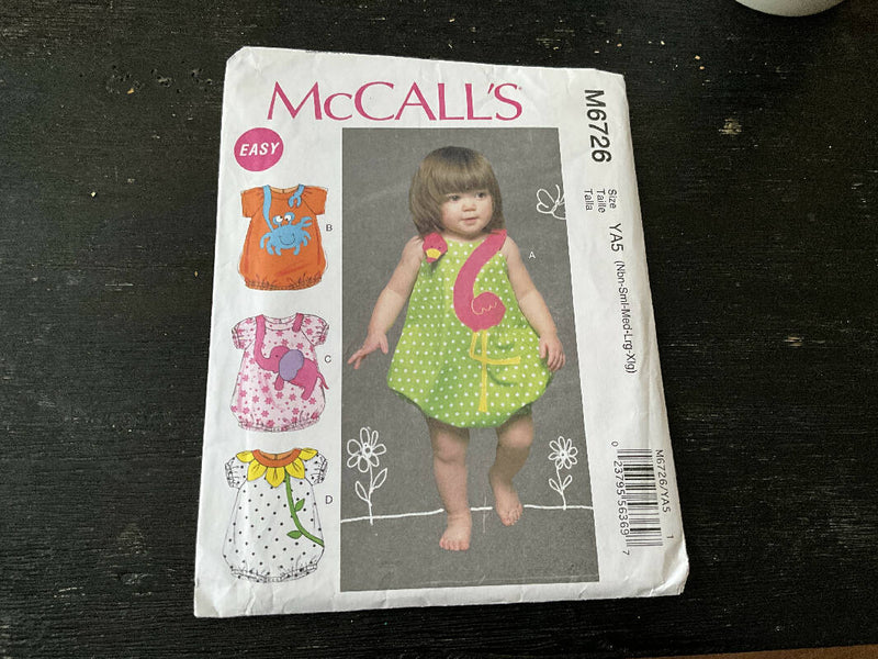 McCall’s M6726 - Baby/Toddler Romper Pattern with Appliqués, Unopened, Size NB-XL
