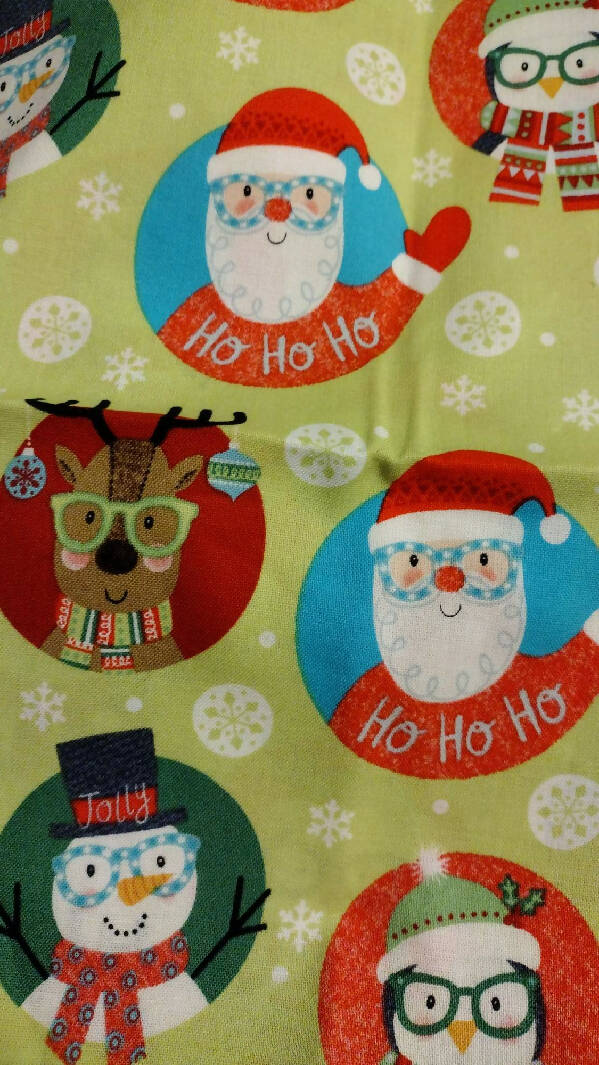 New/Unused Ho Ho Ho Santa Snowman Reindeer Penguin with Eye Glasses by Brother Sister Design Studio Christmas Cotton Fabric 2/3 Yard 2018, Snowflakes, Green, multi color B88-ELC!-P05