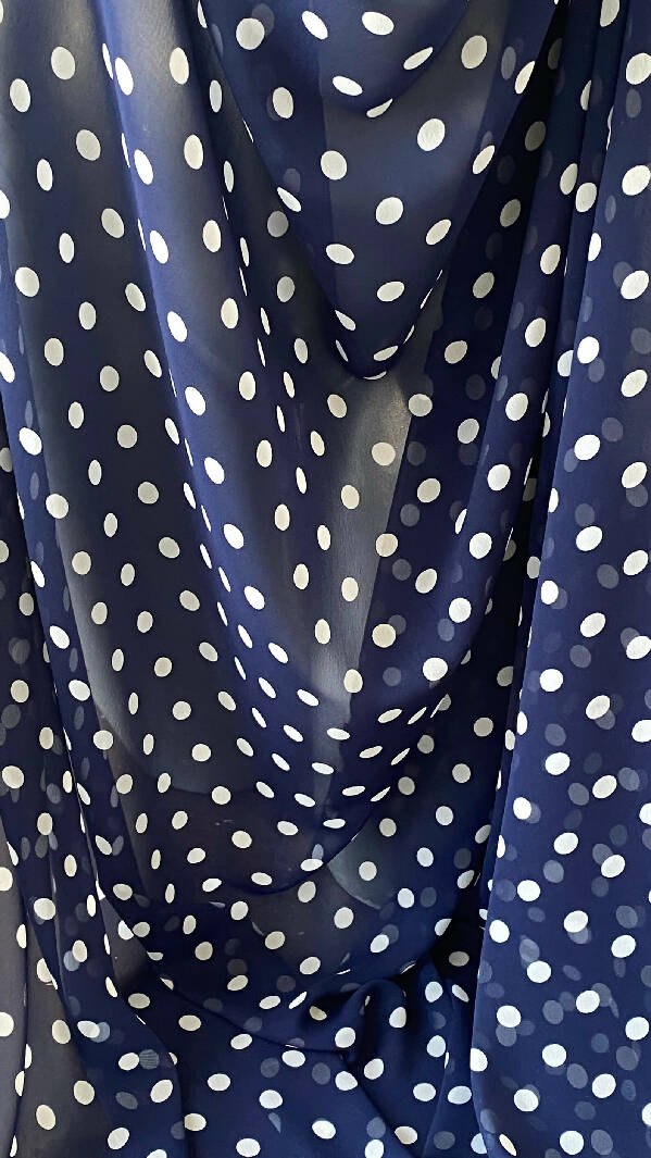 White Dot on Navy Chiffon Sheer Fabric