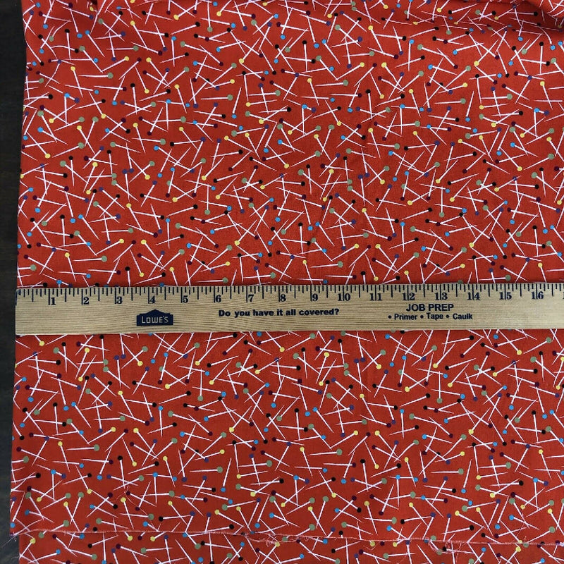 MICHAEL MILLER Fabric Pin Scatter Vintage Sewing Notions Print Red 1 Yard 32”