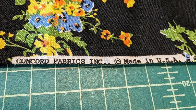 Vintage Black Floral Rayon Twill Woven Fabric 44"W - 2 yds