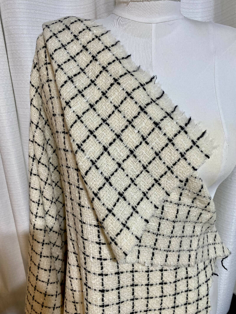 Cream and black windowpane 100% wool boucle 3 yards 60"