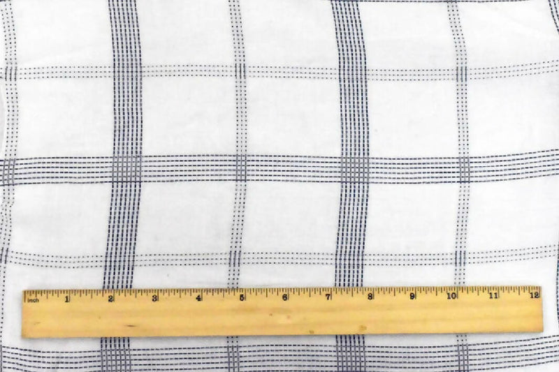 NEW Rayon Challis, Deep Blue-White Stitched Plaid Lawn Fabric, sold by the HALF YARD - rayon/cotton blend garment fabric, 60"