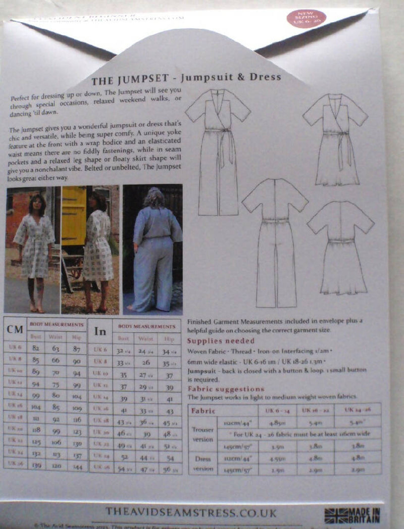 Avid Seamstress Jumpset Pattern - Jumpsuit and Dress - UK Size 6-26, Bust 32 1/4" - 54 3/4" - UNCUT