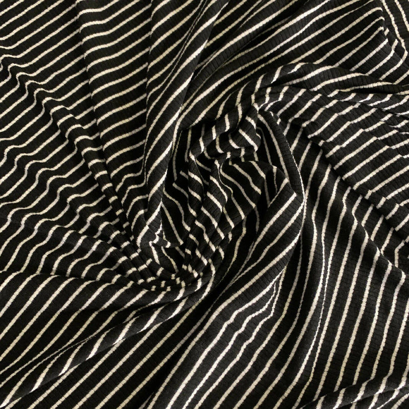 Black/White Mini Rayon Blend Rib Knit, horizontal stripe, 4-way stretch, 1 yd, 52" wide