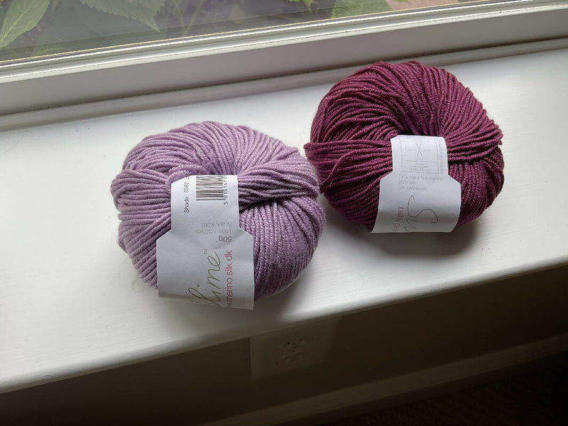 Sublime Baby Cashmere Merino Silk DK yarn, 6 balls lavender, 1 ball mulberry