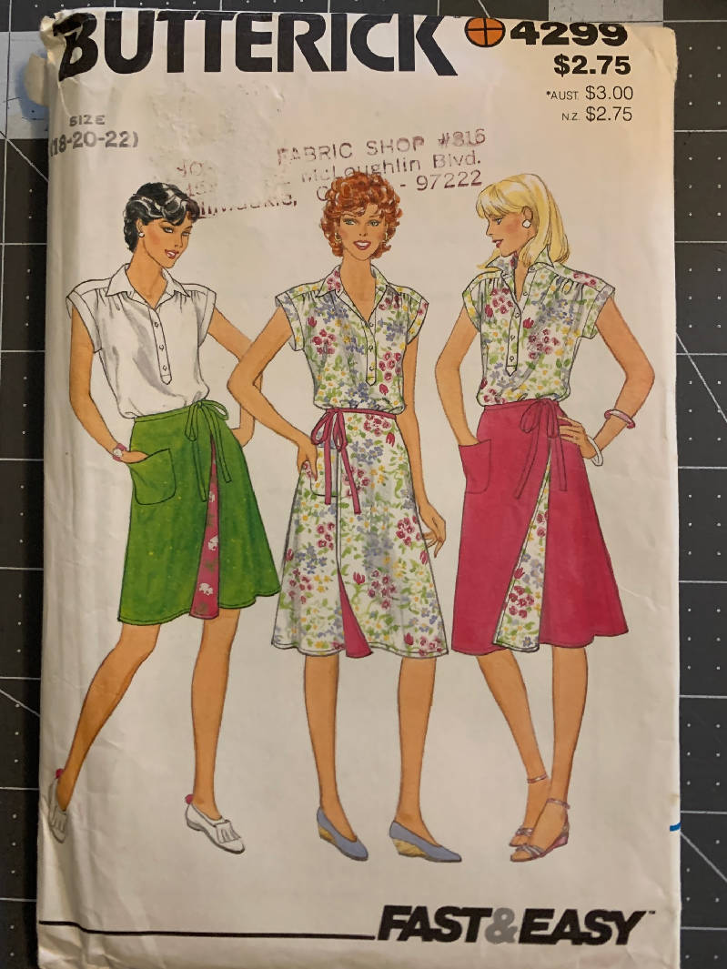 Vintage Butterick 4299 (1980s), misses blouse and front wrap, reversible skirt, size 18-20-22 - uncut
