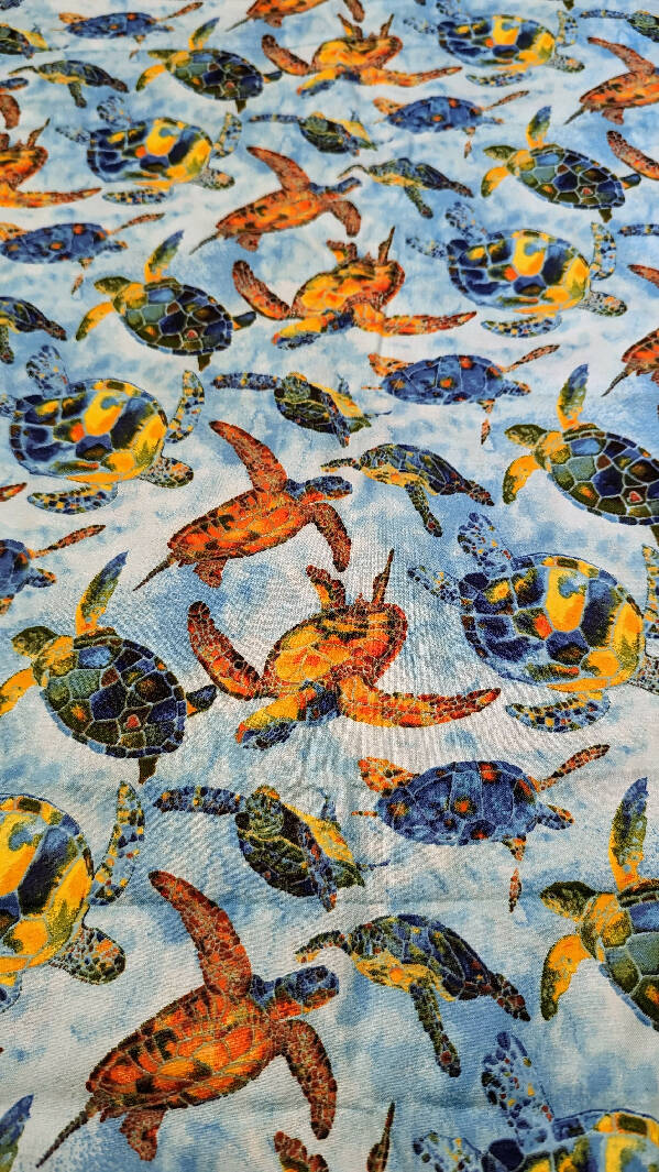 "Under the Sea" Aqua Multicolor Sea Turtle Novelty Print Quilting Cotton 44"W - 2 1/4 yds