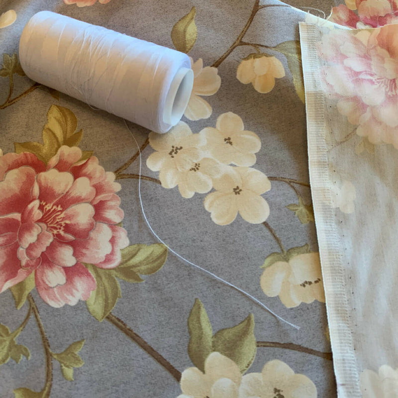 Blue, Cream and Pink Polyester and Cotton Sateen Floral Print - Yardage